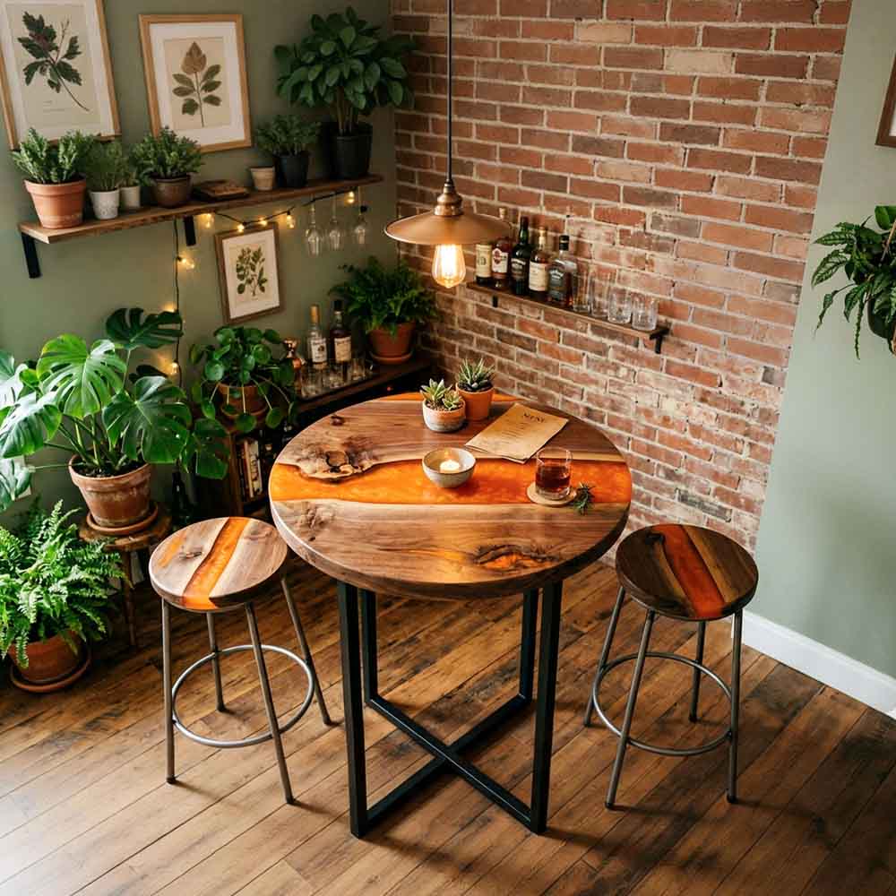 Custom Round Amber Epoxy Resin Home Bar Table – 100% Solid Walnut | ECT-346 - Elitecustomtable