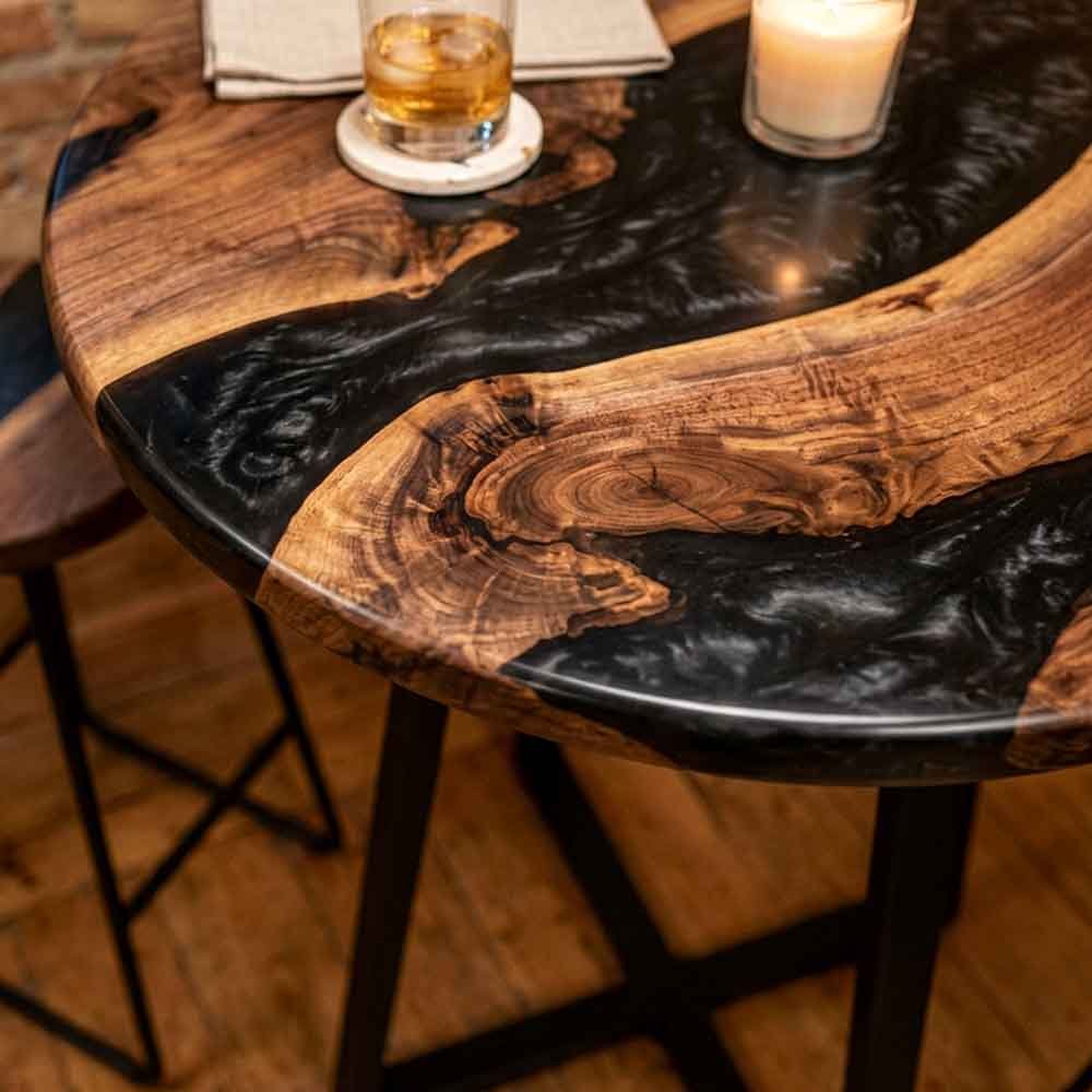 Custom Round Black Epoxy Resin Home Bar Table – 100% Solid Walnut | ECT-344 - Elitecustomtable