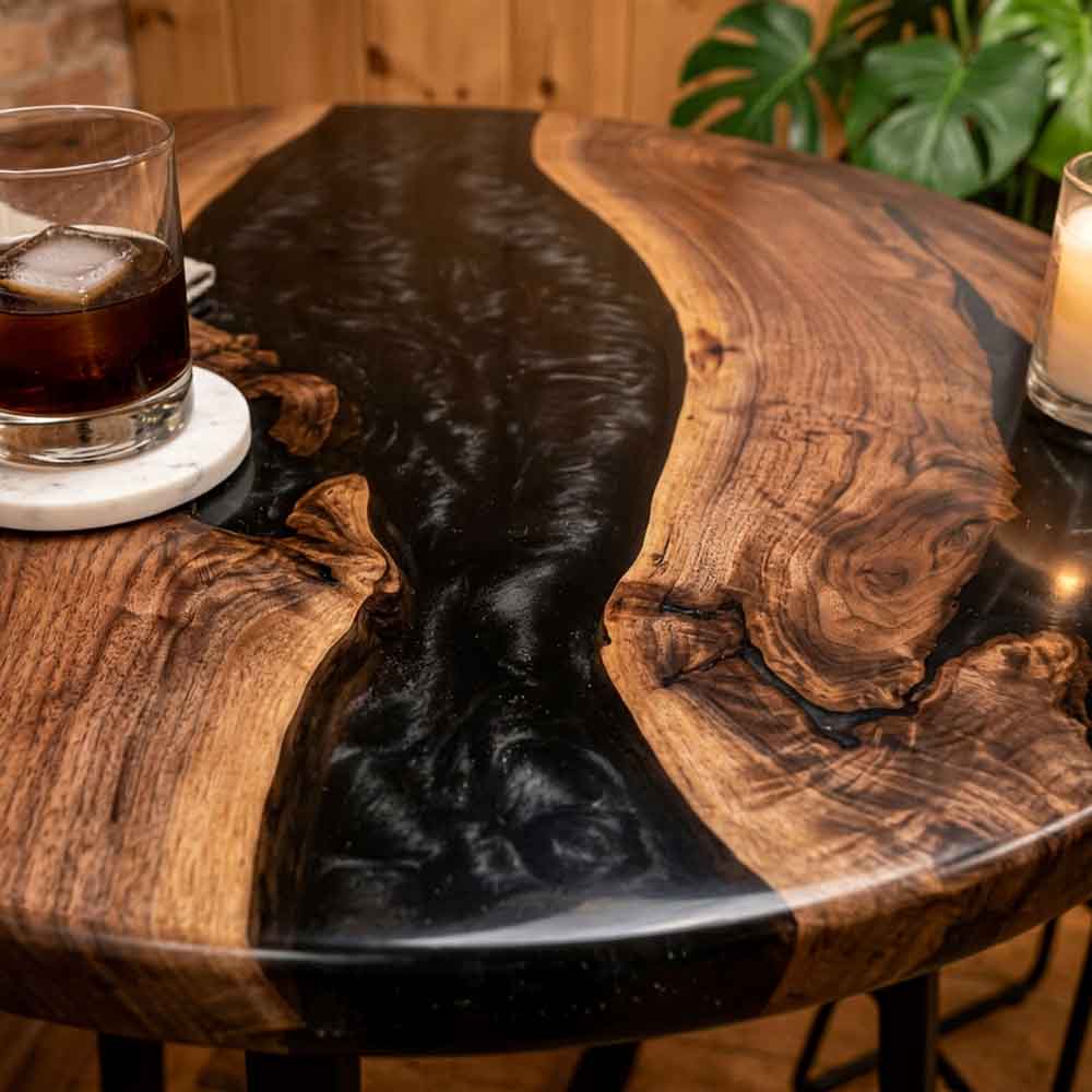 Custom Round Black Epoxy Resin Home Bar Table – 100% Solid Walnut | ECT-344 - Elitecustomtable