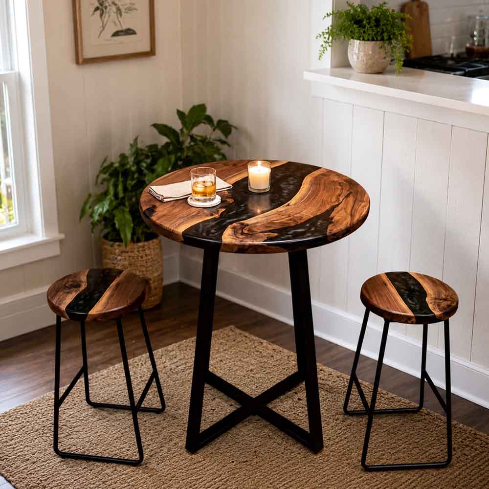 Custom Round Black Epoxy Resin Home Bar Table – 100% Solid Walnut | ECT-344 - Elitecustomtable