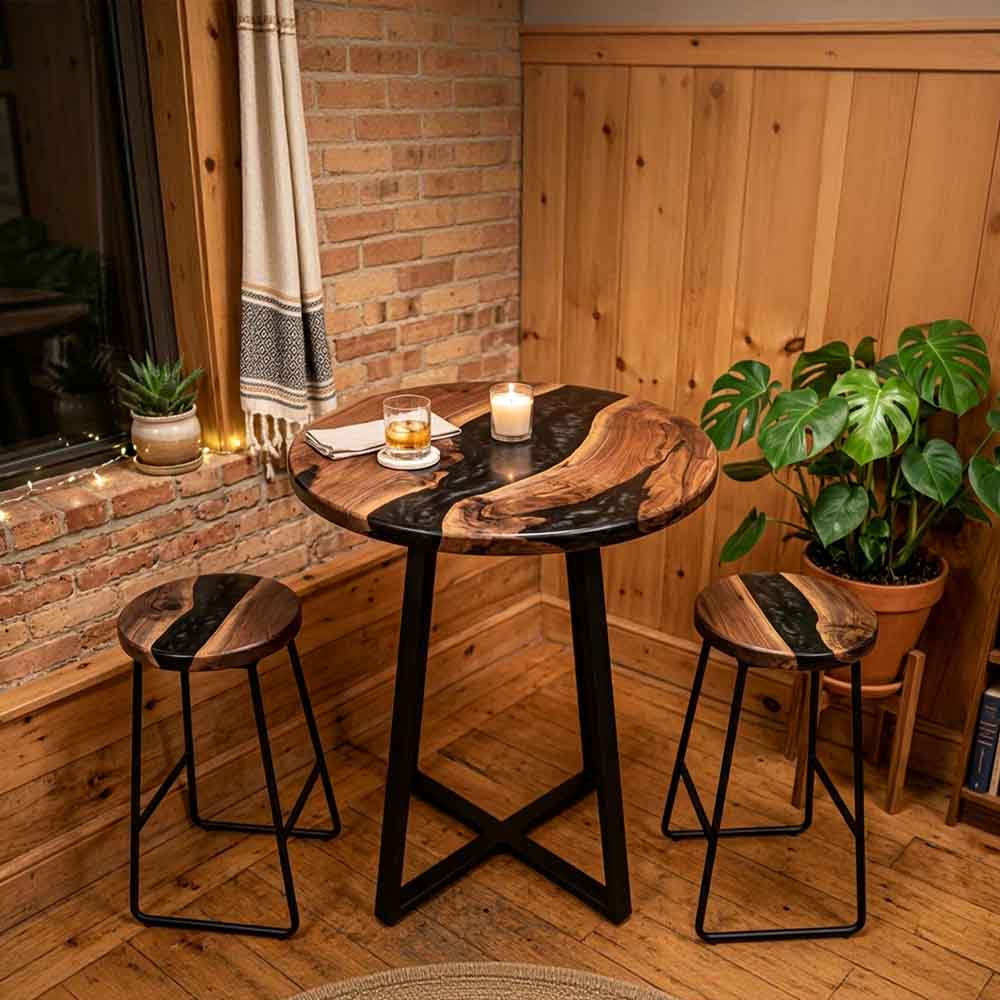 Custom Round Black Epoxy Resin Home Bar Table – 100% Solid Walnut | ECT-344 - Elitecustomtable