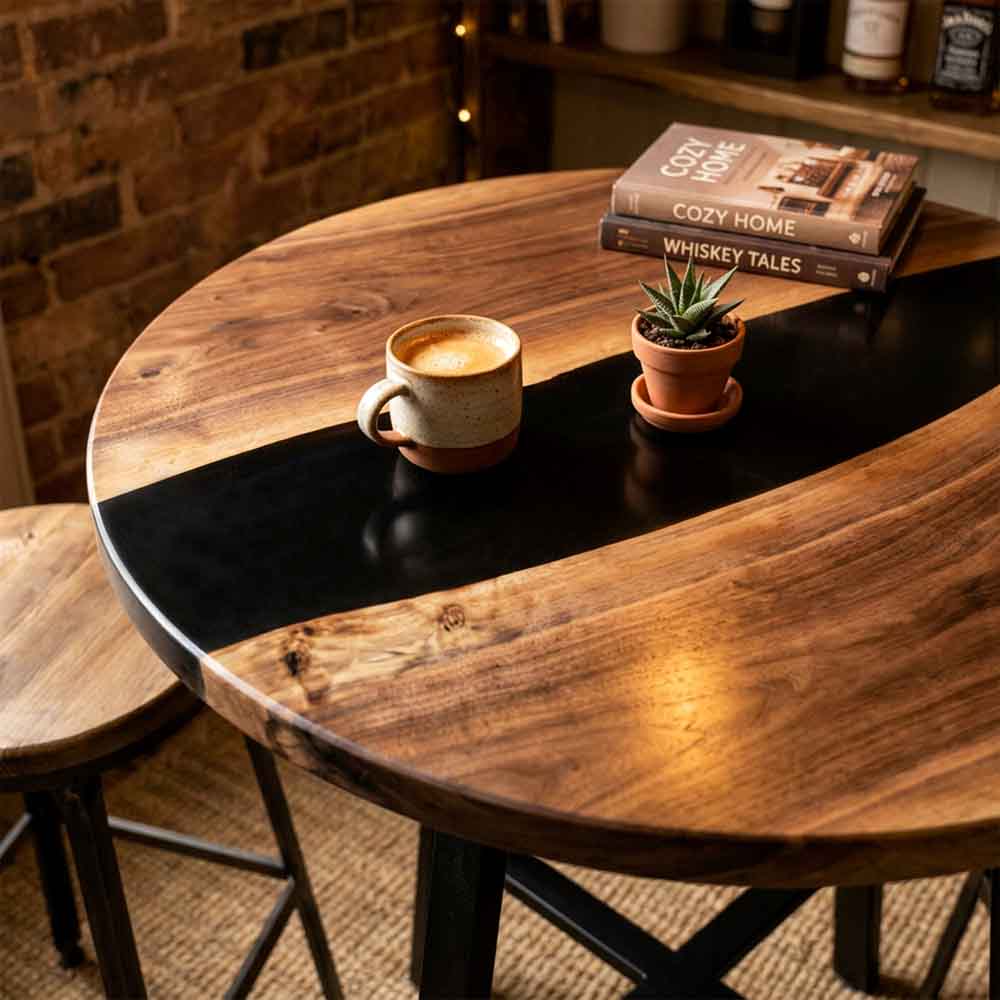 Custom Round Black Epoxy Resin Home Bar Table – 100% Solid Walnut | ECT-348 - Elitecustomtable