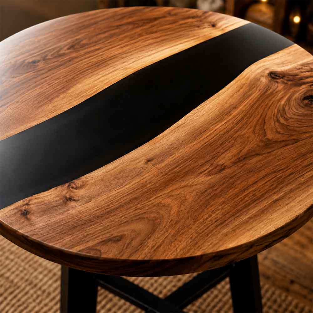 Custom Round Black Epoxy Resin Home Bar Table – 100% Solid Walnut | ECT-348 - Elitecustomtable