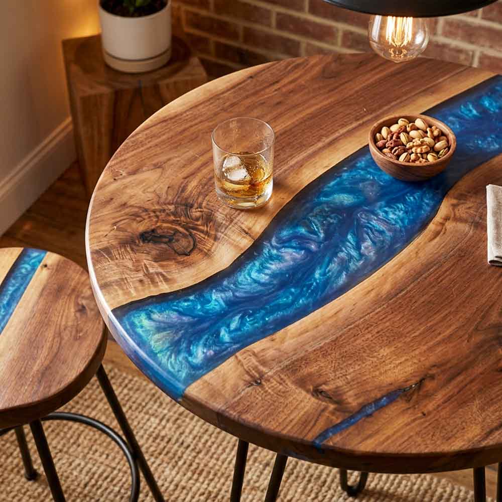 Custom Round Ocean Blue Epoxy Resin Home Bar Table – 100% Solid Walnut | ECT-345 - Elitecustomtable