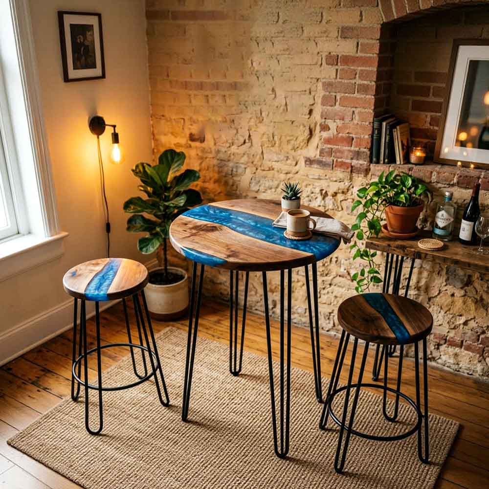 Custom Round Ocean Blue Epoxy Resin Home Bar Table – 100% Solid Walnut | ECT-345 - Elitecustomtable