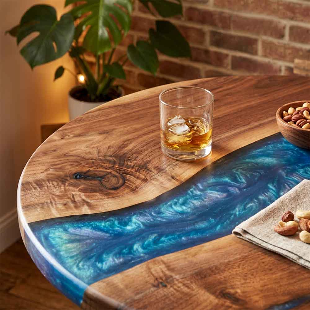 Custom Round Ocean Blue Epoxy Resin Home Bar Table – 100% Solid Walnut | ECT-345 - Elitecustomtable