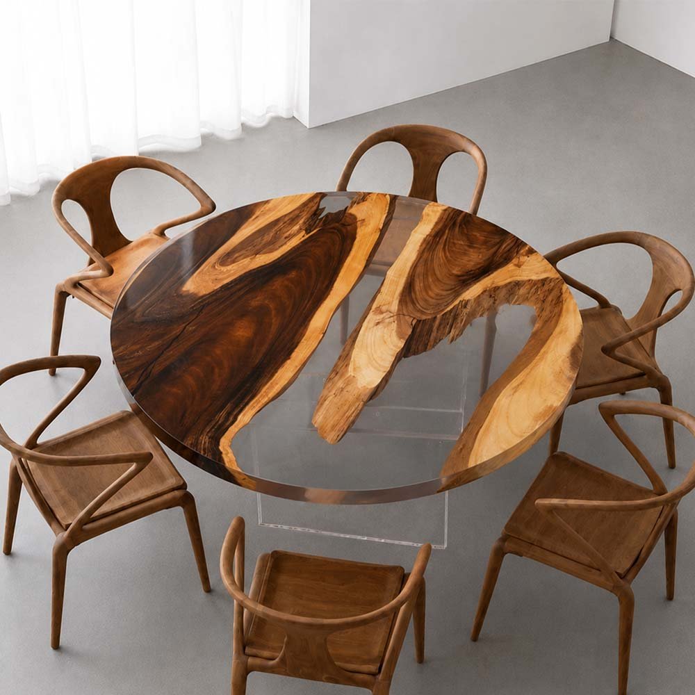 Custom Round Walnut Dining Table with Crystal Clear Epoxy Resin | ECT-323 - Elitecustomtable