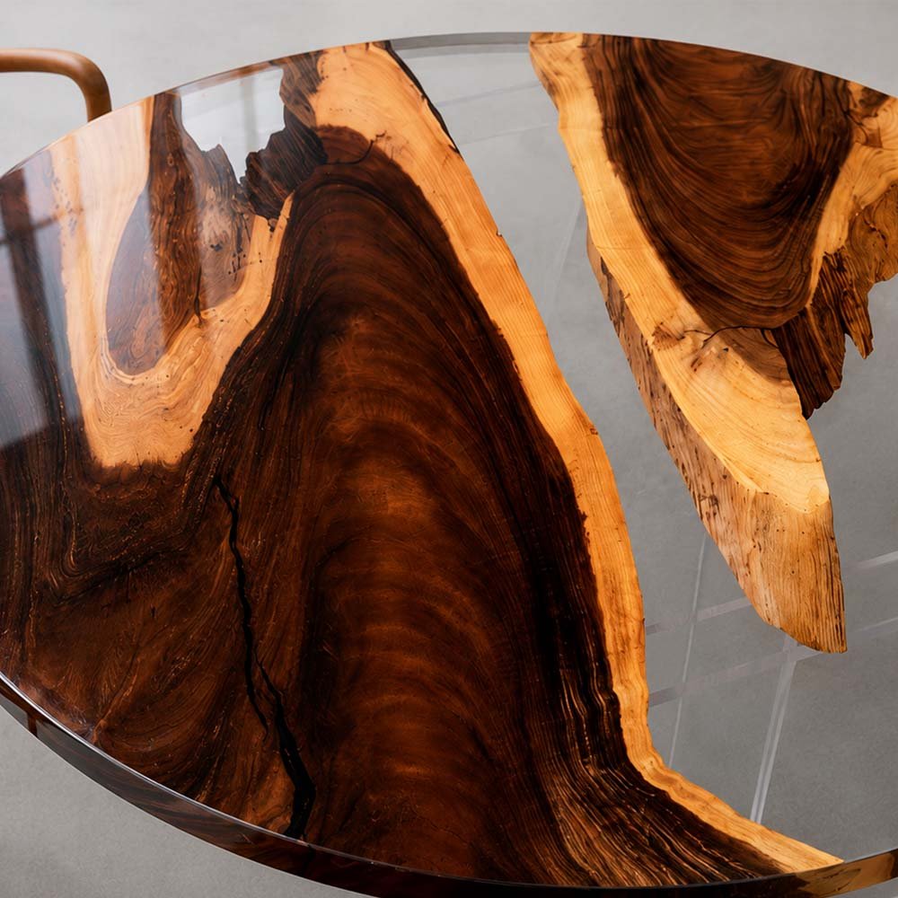 Custom Round Walnut Dining Table with Crystal Clear Epoxy Resin | ECT-323 - Elitecustomtable