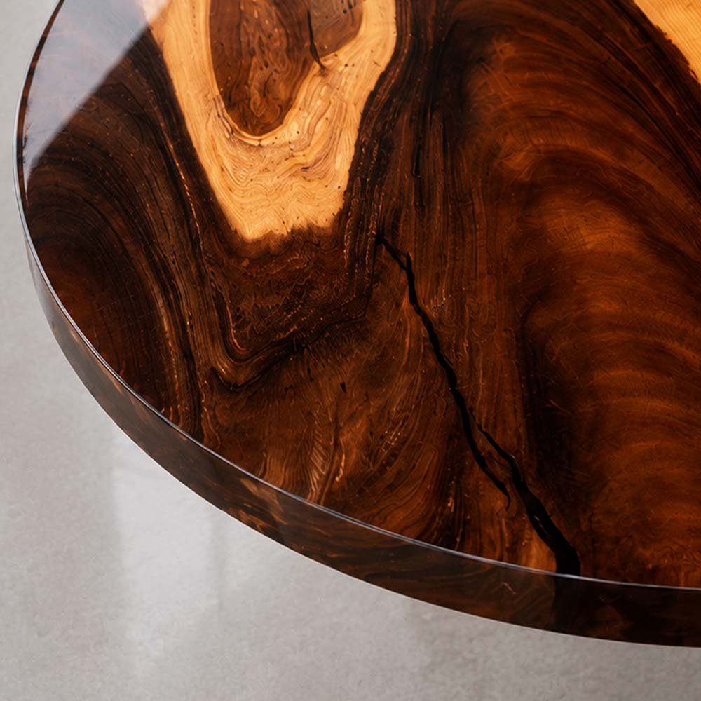 Custom Round Walnut Dining Table with Crystal Clear Epoxy Resin | ECT-323 - Elitecustomtable