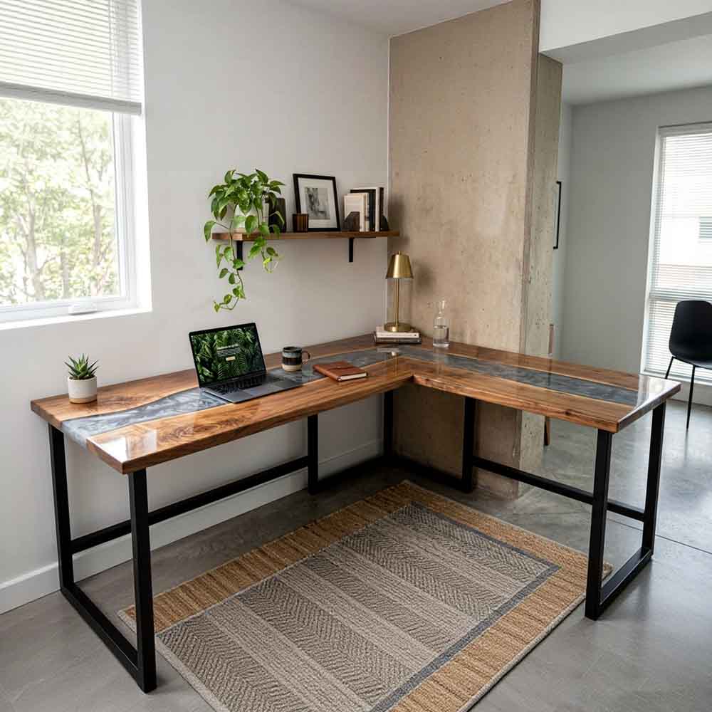 Custom Smoky Gray Epoxy Resin L-Shaped Desk – 100% Solid Walnut | ECT-332 - Elitecustomtable