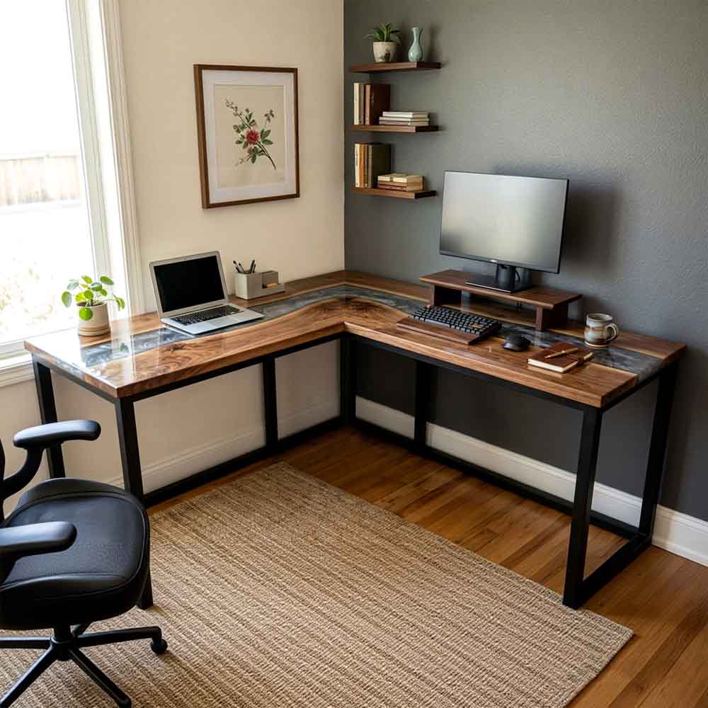 Custom Smoky Gray Epoxy Resin L-Shaped Desk – 100% Solid Walnut | ECT-332 - Elitecustomtable