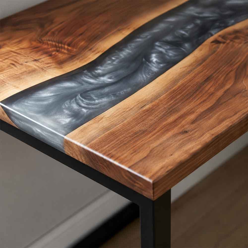 Custom Smoky Gray Epoxy Resin L-Shaped Desk – 100% Solid Walnut | ECT-332 - Elitecustomtable