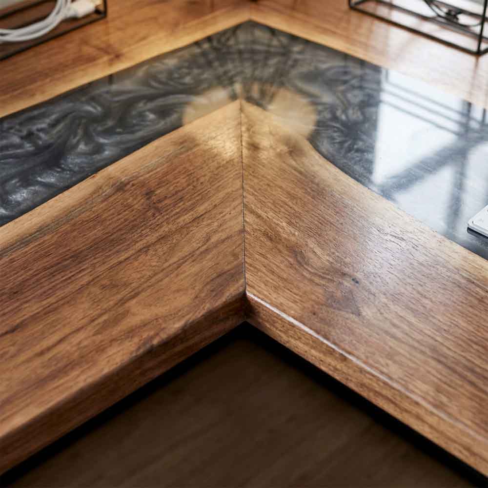 Custom Smoky Gray Epoxy Resin L-Shaped Desk – 100% Solid Walnut | ECT-332 - Elitecustomtable