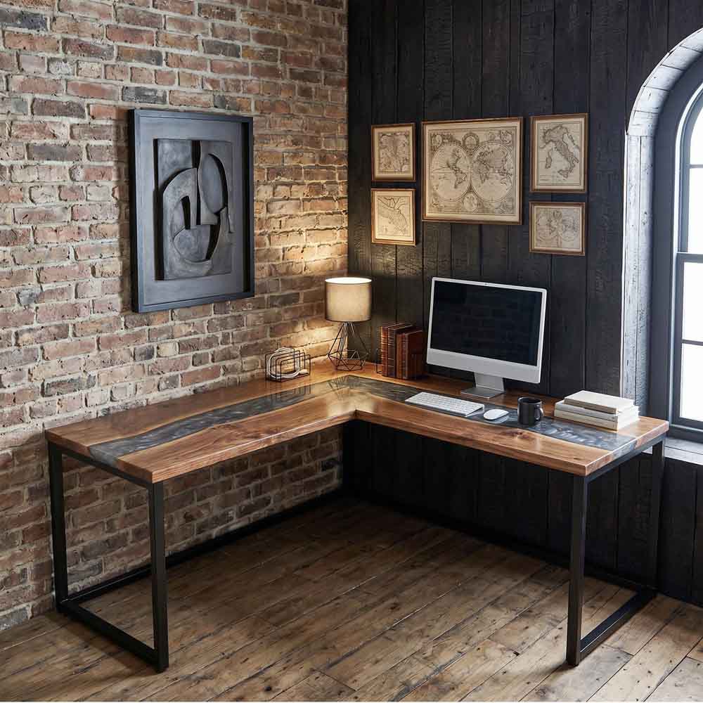 Custom Smoky Gray Epoxy Resin L-Shaped Desk – 100% Solid Walnut | ECT-332 - Elitecustomtable
