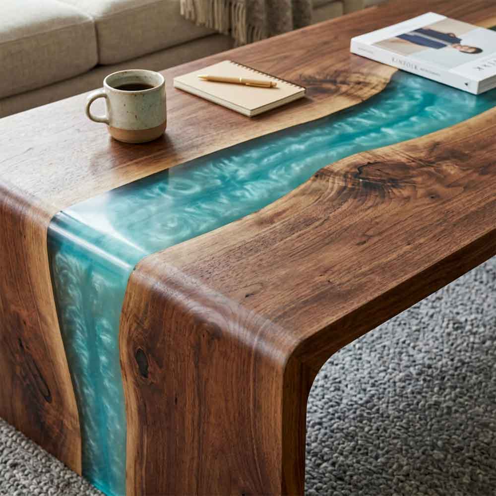 Custom Turquoise Epoxy Resin Coffee Table – 100% Solid Walnut Wood | ECT-354 - Elitecustomtable