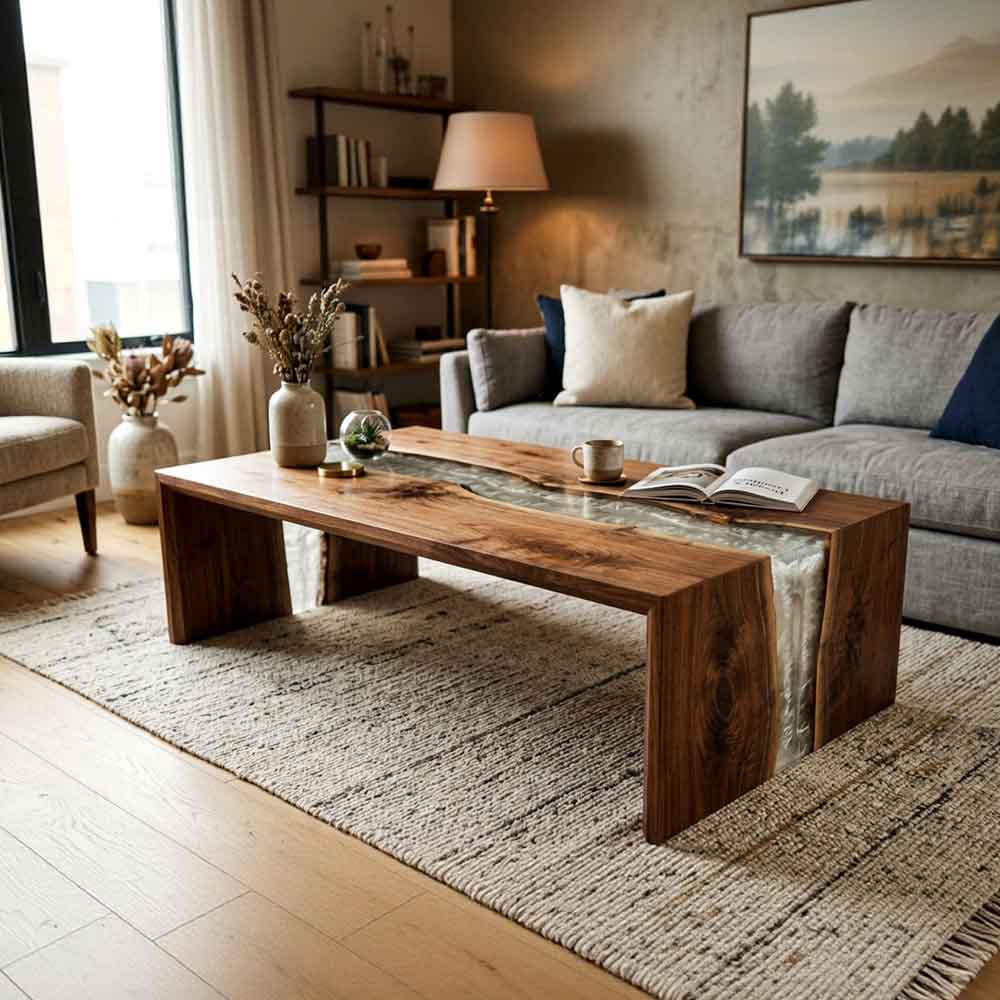 Custom Turquoise Epoxy Resin Coffee Table – 100% Solid Walnut Wood | ECT-354 - Elitecustomtable