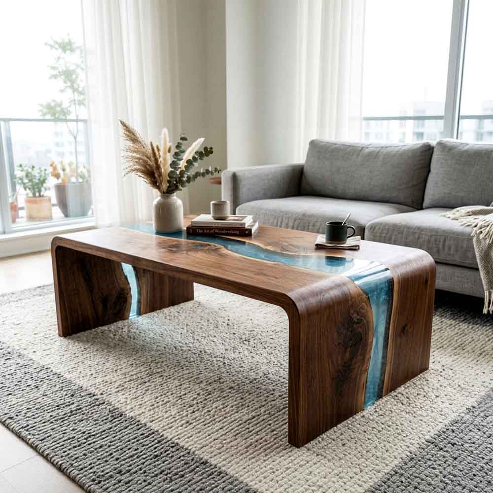 Custom Turquoise Epoxy Resin Coffee Table – 100% Solid Walnut Wood | ECT-354 - Elitecustomtable