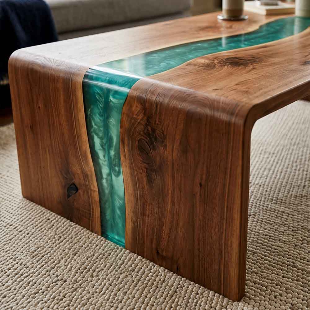 Custom Turquoise Epoxy Resin Coffee Table – 100% Solid Walnut Wood | ECT-354 - Elitecustomtable