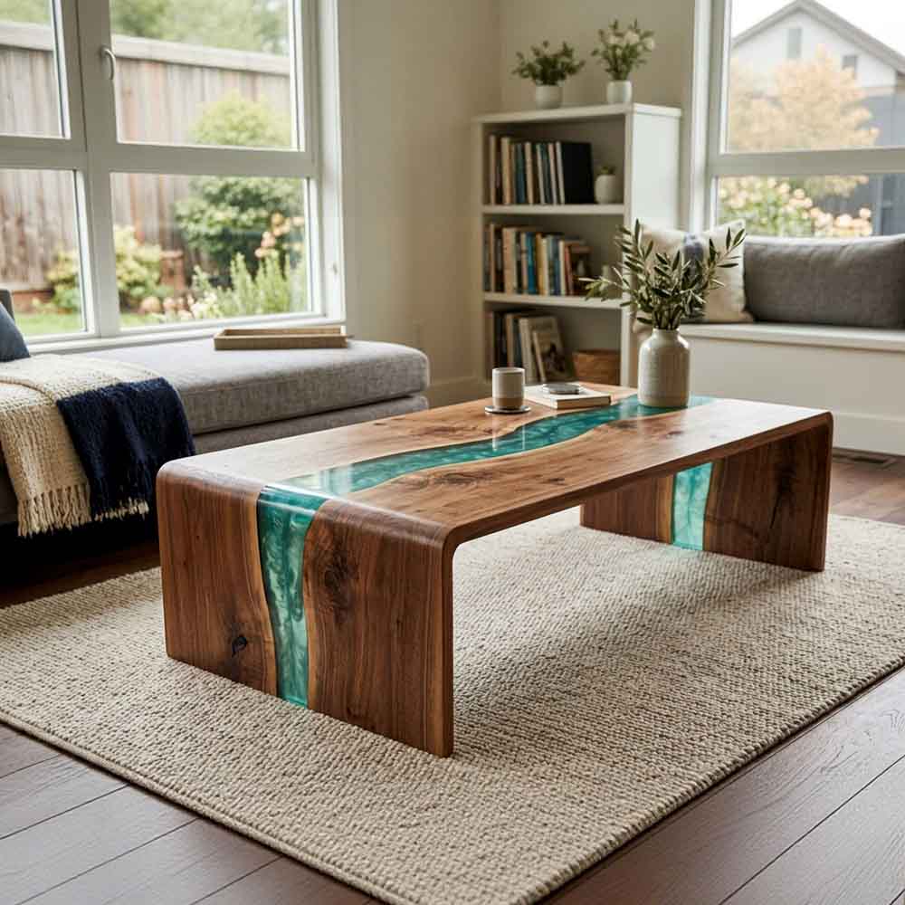 Custom Turquoise Epoxy Resin Coffee Table – 100% Solid Walnut Wood | ECT-354 - Elitecustomtable