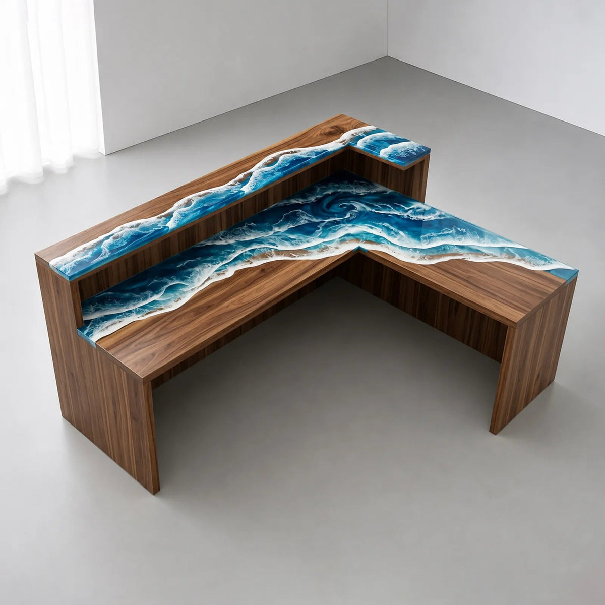 Custom Walnut Blue Ocean Wave Epoxy Reception Desk | ECT-411 - Elitecustomtable