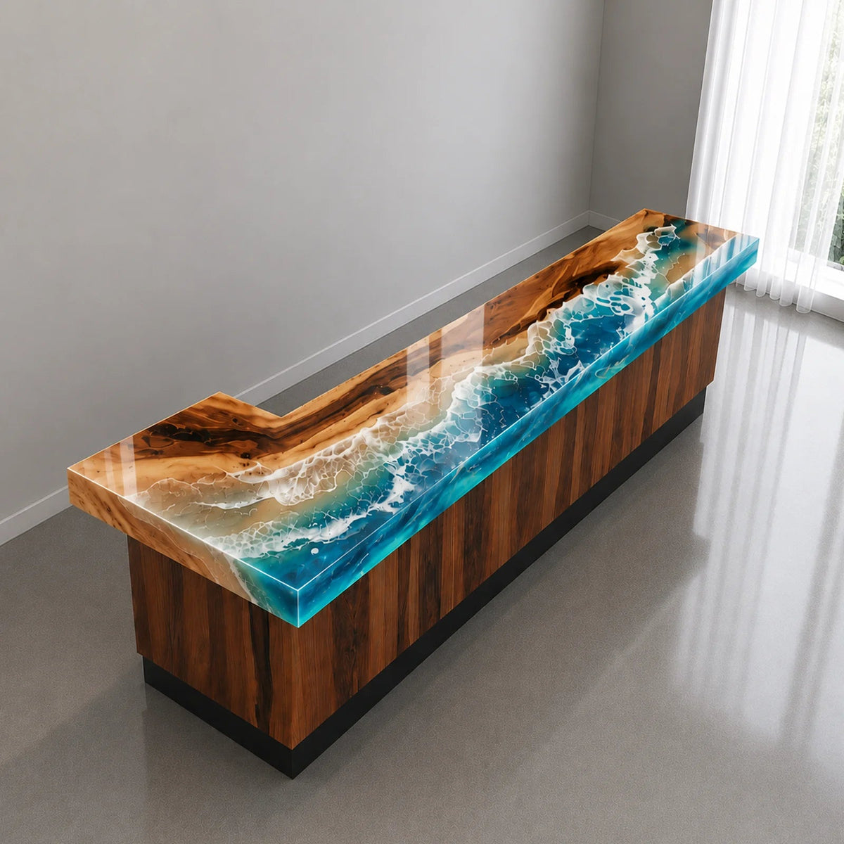 Custom Walnut Blue Ocean Wave Epoxy Reception Desk | ECT-413 - Elitecustomtable