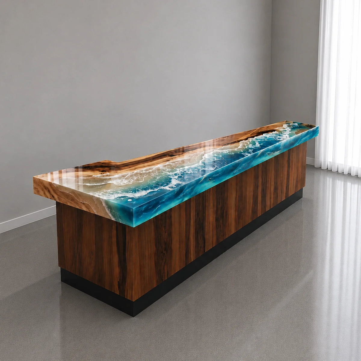 Custom Walnut Blue Ocean Wave Epoxy Reception Desk | ECT-413 - Elitecustomtable