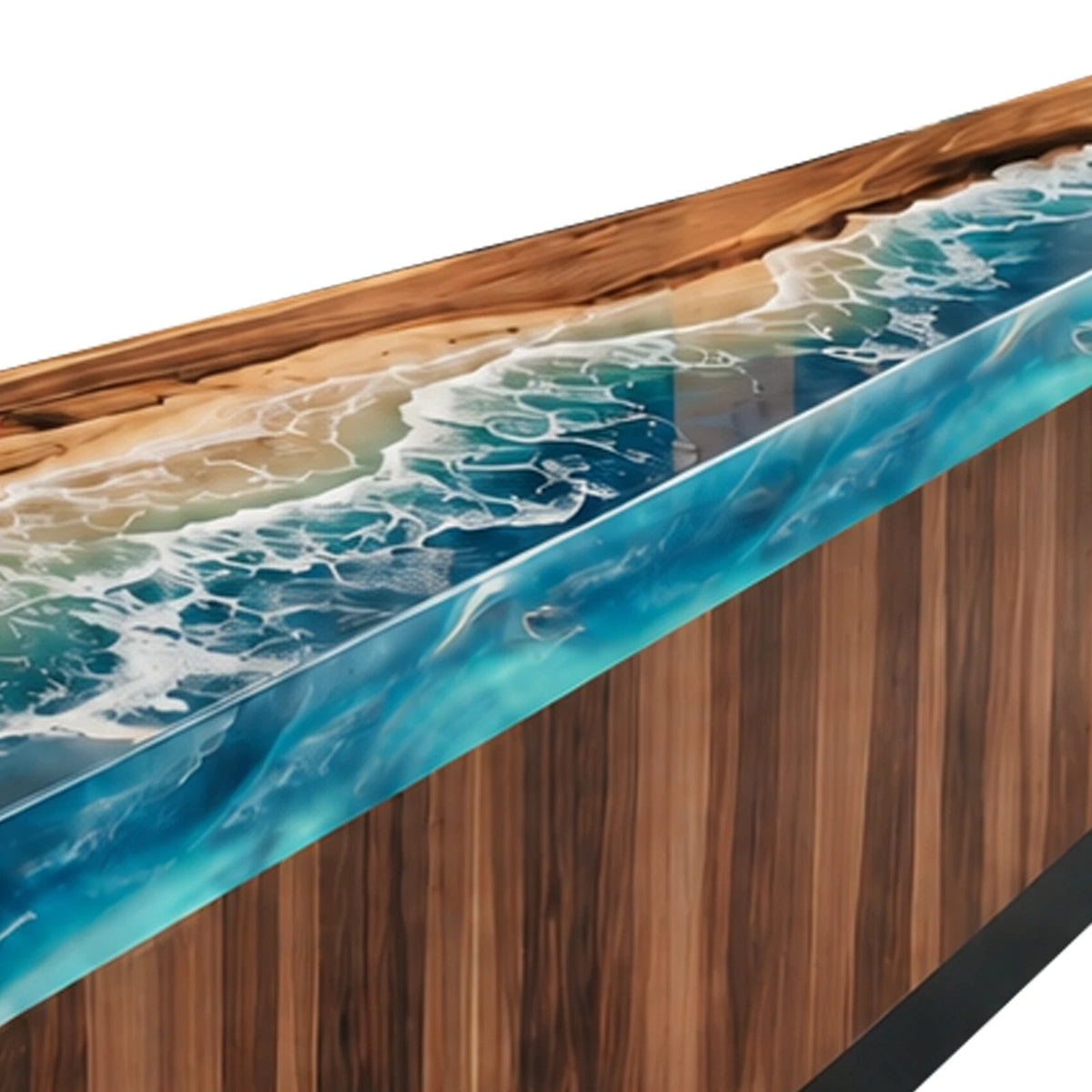 Custom Walnut Blue Ocean Wave Epoxy Reception Desk | ECT-413 - Elitecustomtable