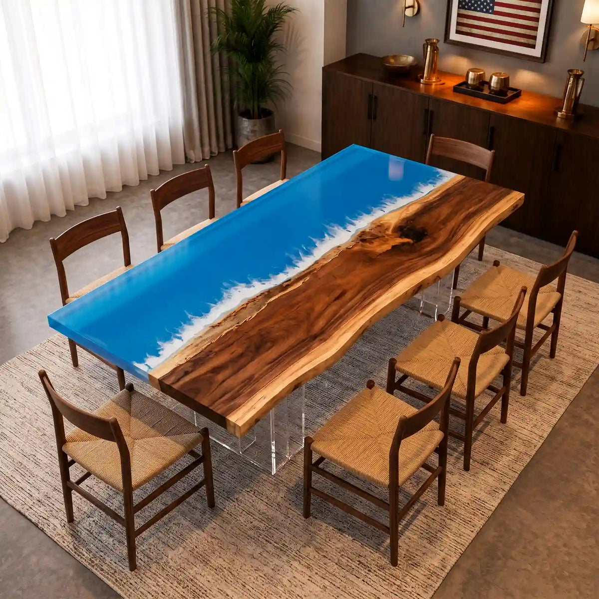 Custom walnut and blue epoxy dining table combining a bold ocean blue resin section with beautifully figured natural wood slabs
