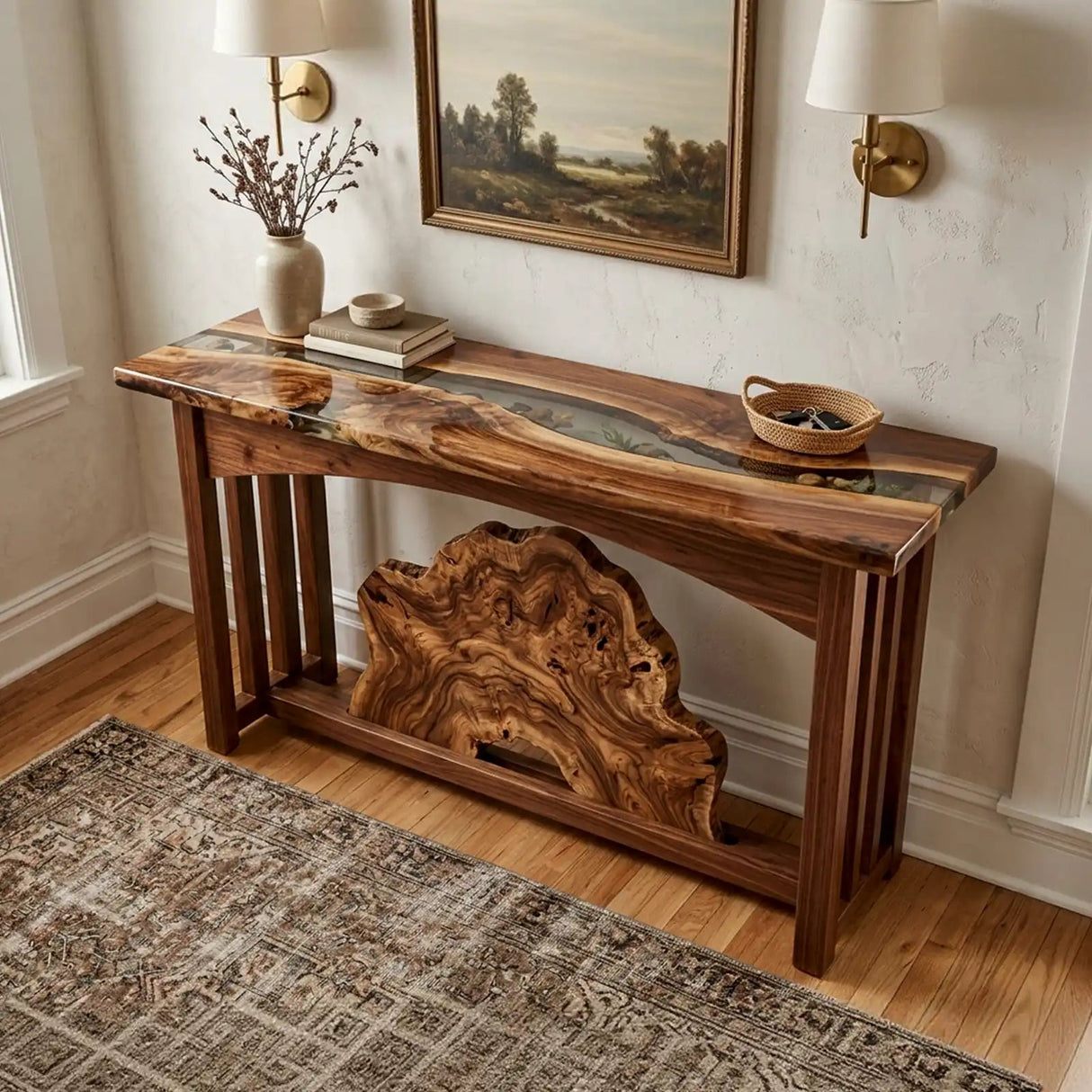 Custom Walnut Clear Epoxy Resin Console Table | ECT-390 - Elitecustomtable