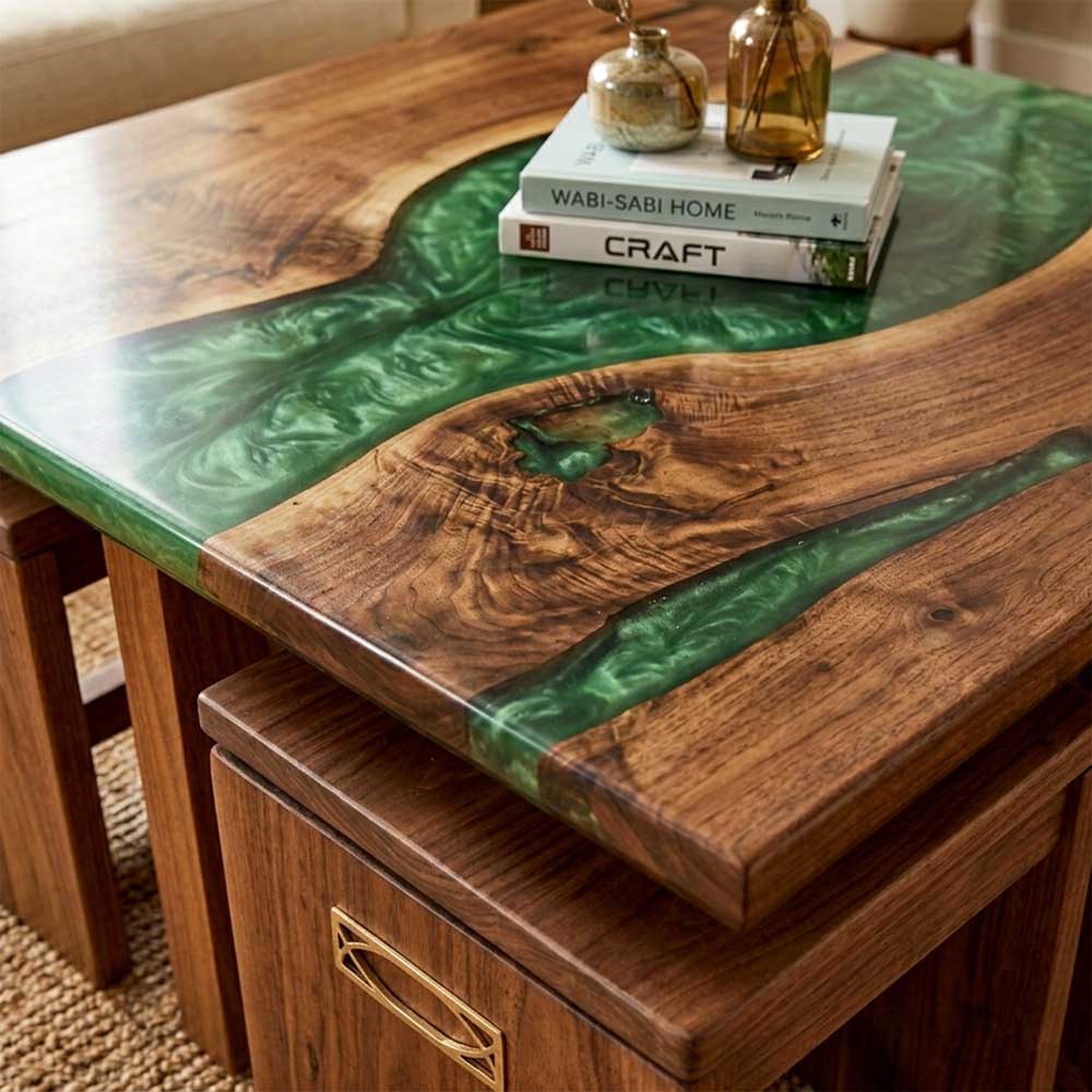 Custom Walnut Coffee Table with Emerald Green Transparent Epoxy Resin | ECT-351 - Elitecustomtable