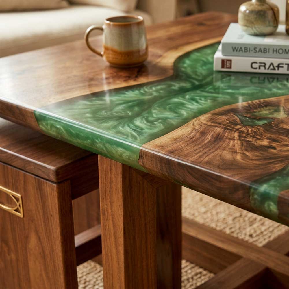 Custom Walnut Coffee Table with Emerald Green Transparent Epoxy Resin | ECT-351 - Elitecustomtable