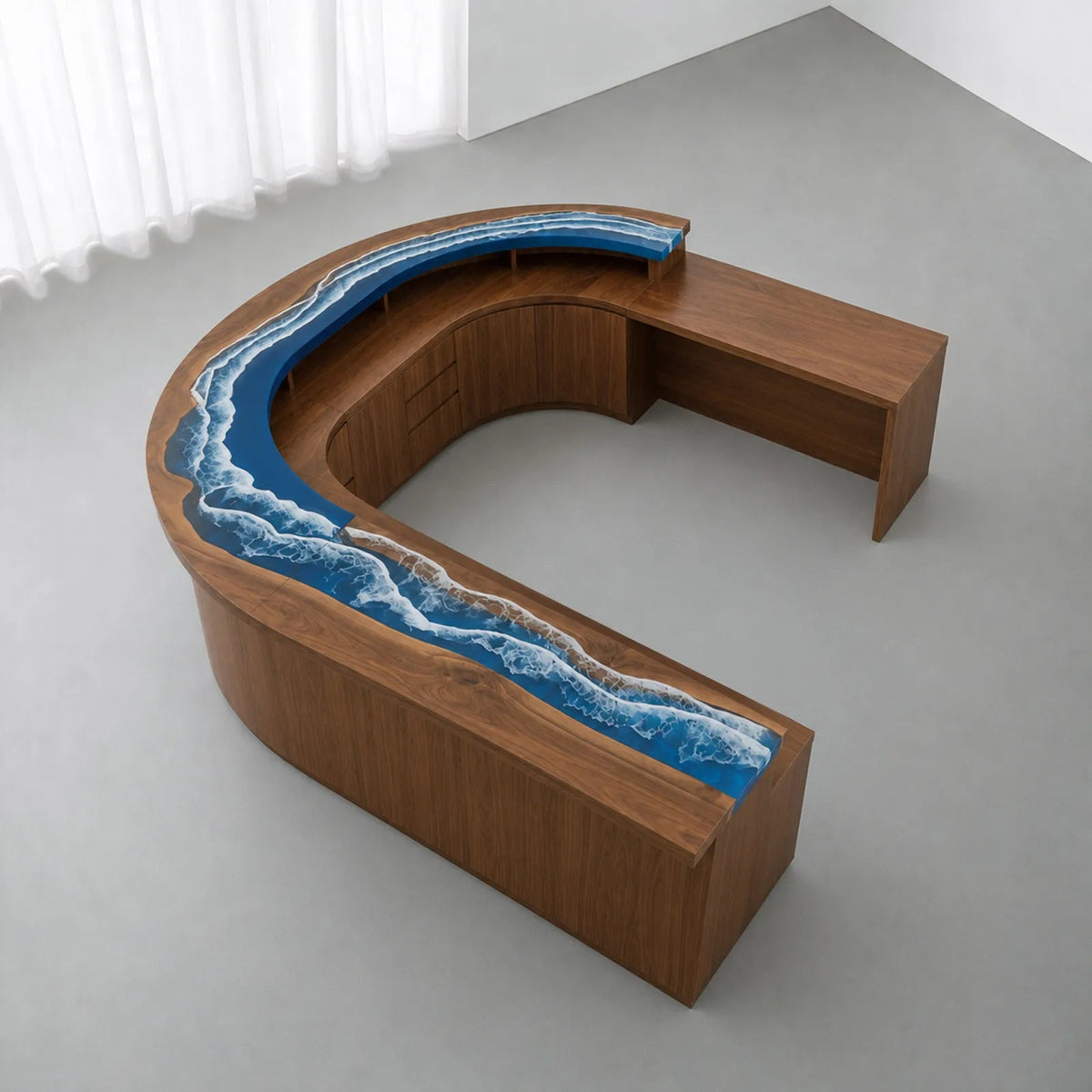 Custom Walnut Curved Ocean Wave Epoxy Reception Desk | ECT-412 - Elitecustomtable