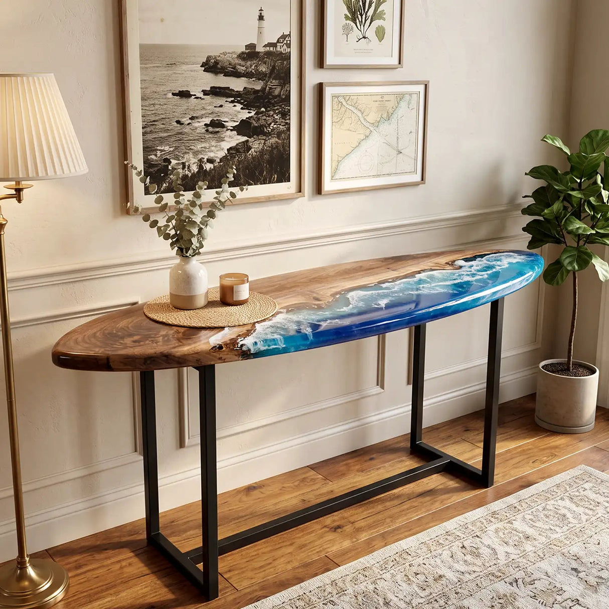 Custom Walnut Surfboard Ocean Wave Epoxy Resin Console Table | ECT-389 - Elitecustomtable