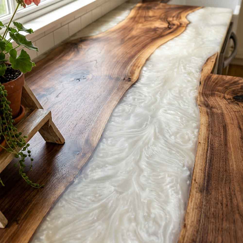 Custom White Epoxy Resin Kitchen Countertop – 100% Solid Walnut | ECT-329 - Elitecustomtable