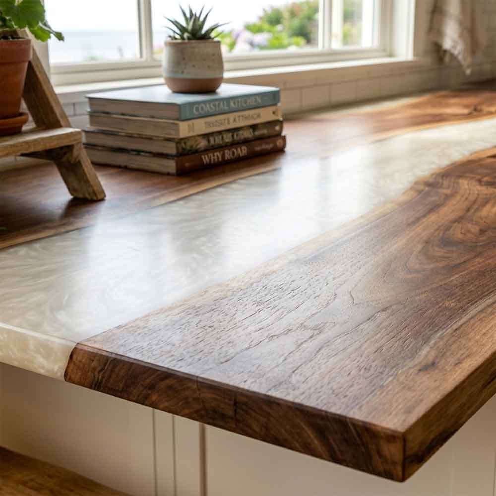 Custom White Epoxy Resin Kitchen Countertop – 100% Solid Walnut | ECT-329 - Elitecustomtable