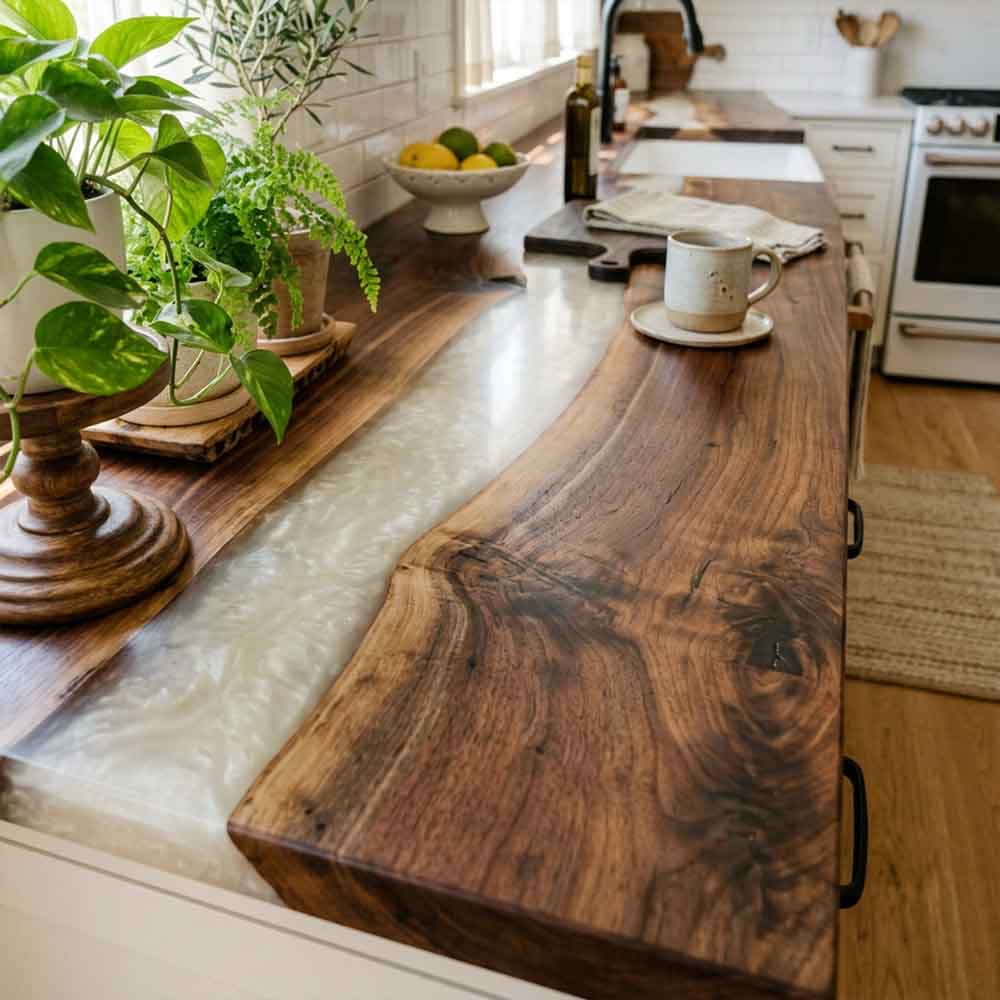 Custom White Epoxy Resin Kitchen Countertop – 100% Solid Walnut | ECT-329 - Elitecustomtable