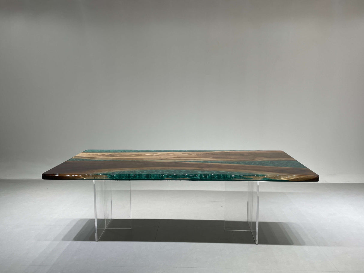 In-Stock Black Walnut Green Epoxy Resin Dining Table 48" × 96"