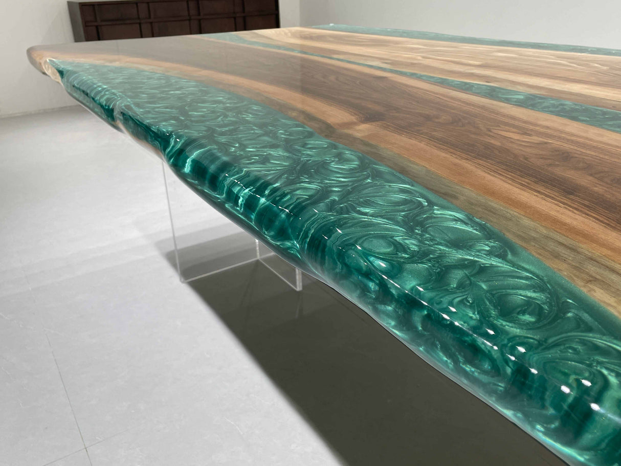In-Stock Black Walnut Green Epoxy Resin Dining Table 48" × 96"