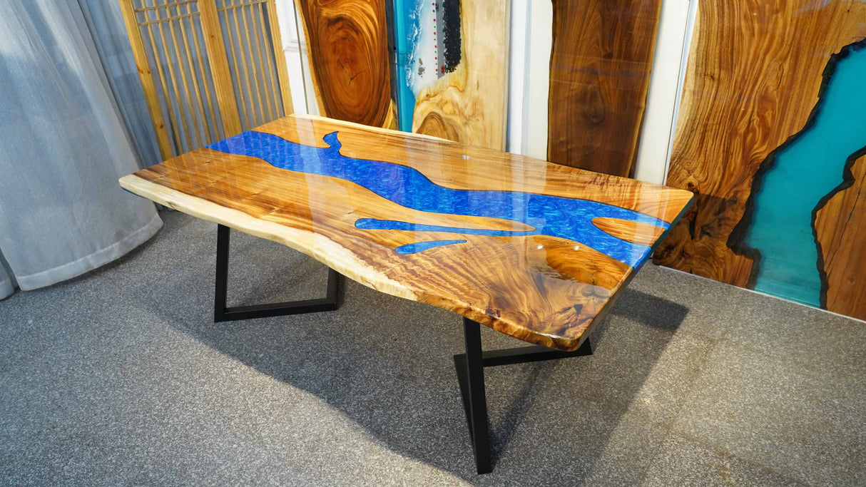 In-Stock Walnut Live Edge Blue Epoxy Resin Dining Table 42" × 84"