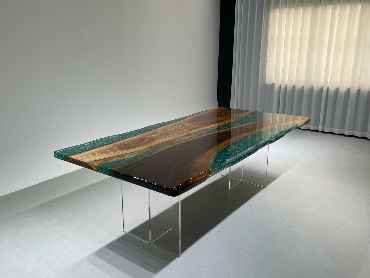 In-Stock Black Walnut Green Epoxy Resin Dining Table 48" × 96"