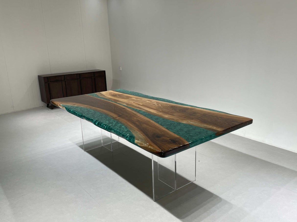 In-Stock Black Walnut Green Epoxy Resin Dining Table 48" × 96"