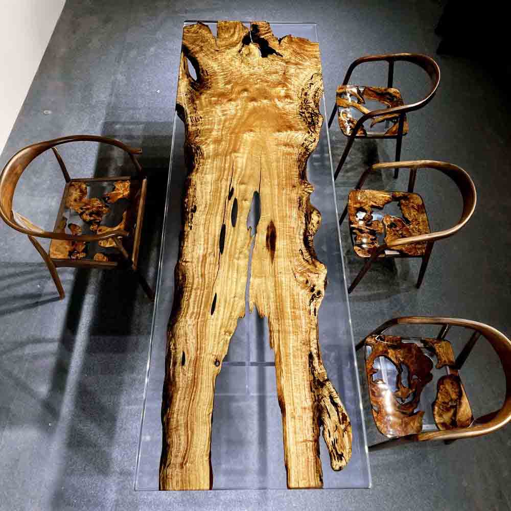Elite Artistic Golden Camphor Wood & Transparent Epoxy Resin Dining Table ECT - 144 - Elitecustomtable