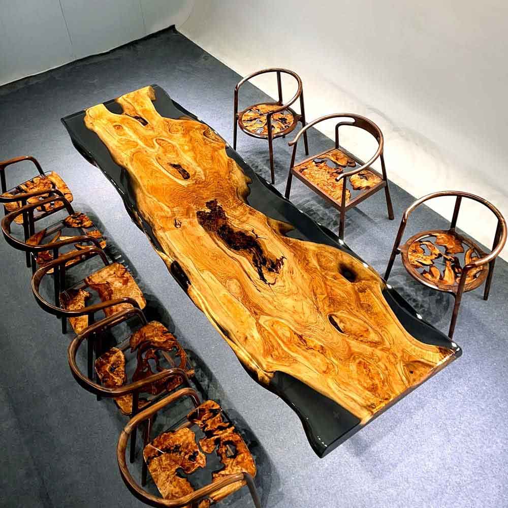 Elite Artistic Olive Wood & Transparent Black - Gray Epoxy Resin Dining Table ECT - 153 - Elitecustomtable
