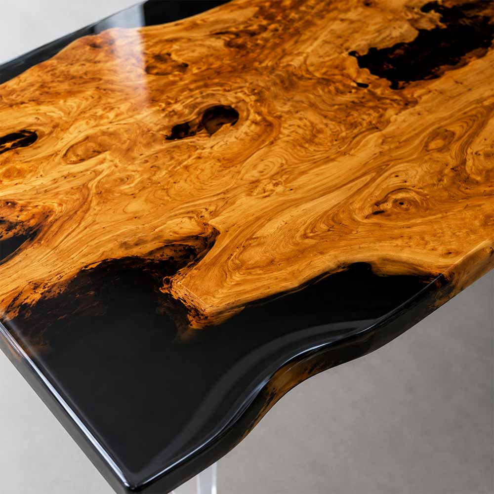 Elite Artistic Olive Wood & Transparent Black - Gray Epoxy Resin Dining Table ECT-153 - Elitecustomtable