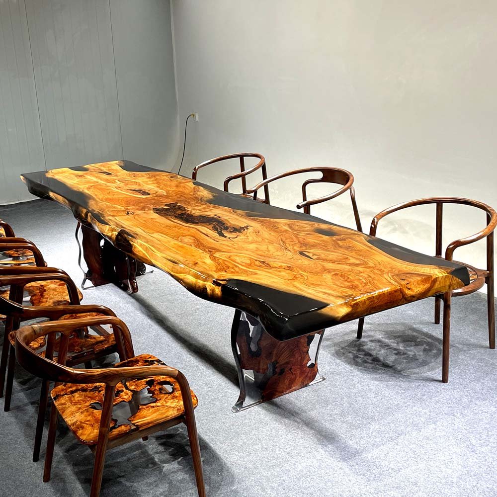 Elite Artistic Olive Wood & Transparent Black - Gray Epoxy Resin Dining Table ECT - 153 - Elitecustomtable