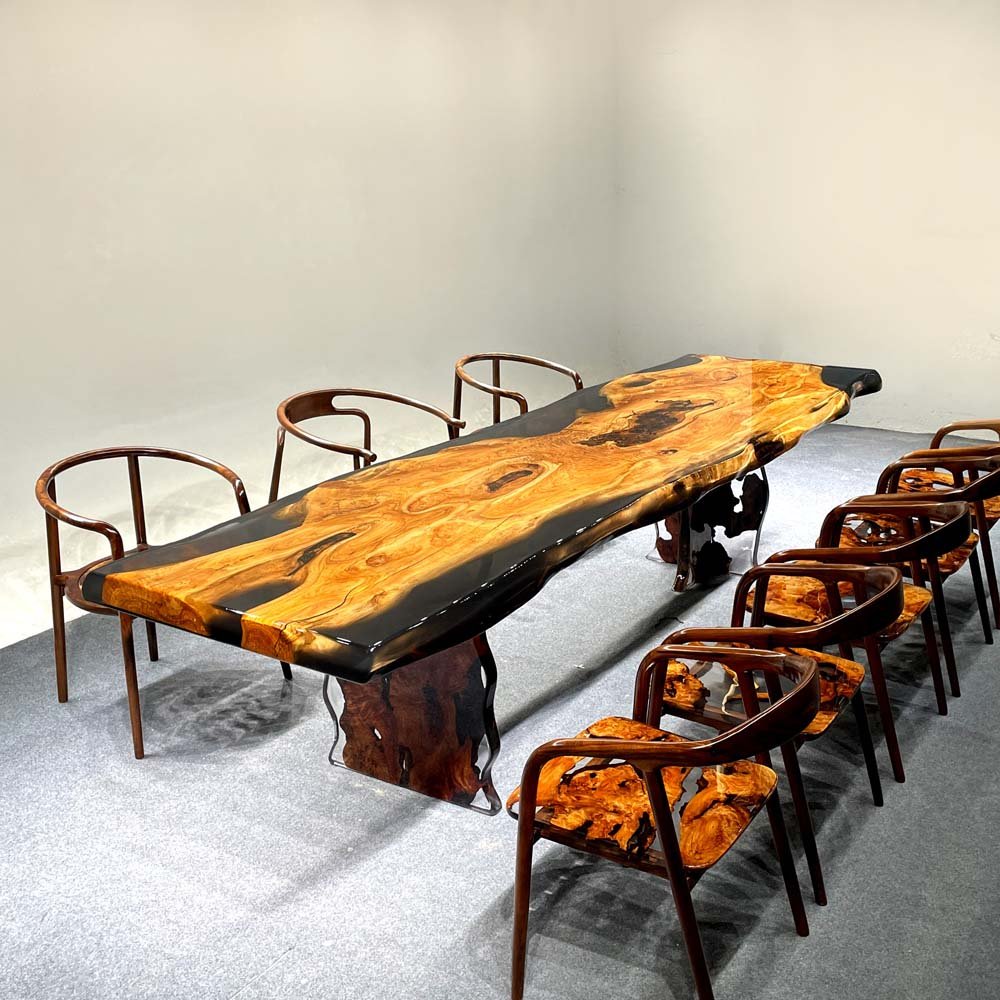 Elite Artistic Olive Wood & Transparent Black - Gray Epoxy Resin Dining Table ECT - 153 - Elitecustomtable