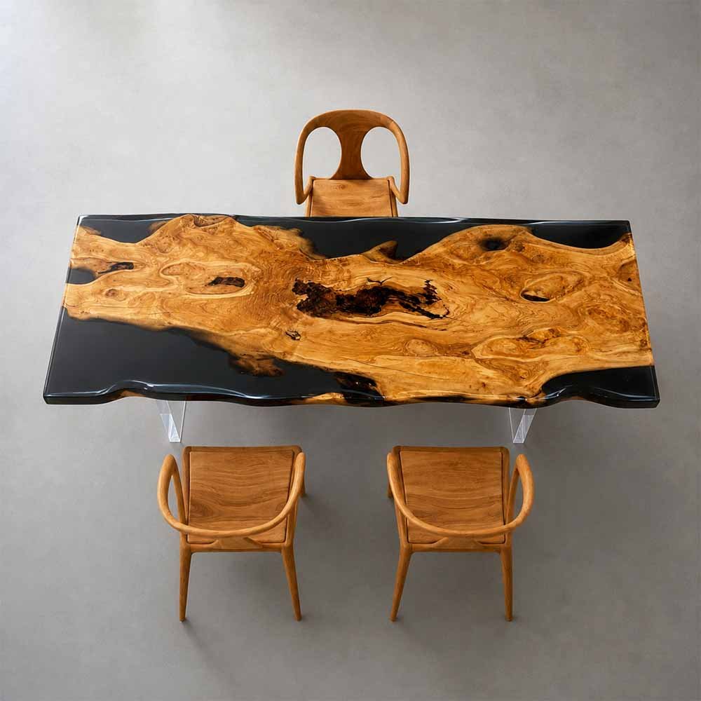 Elite Artistic Olive Wood & Transparent Black - Gray Epoxy Resin Dining Table ECT-153 - Elitecustomtable