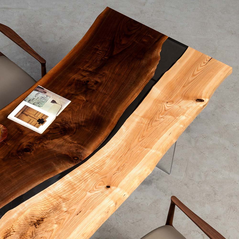 Elite Black Walnut & Ash Wood Dining Table with Black Epoxy River ECT - 08 - Elitecustomtable