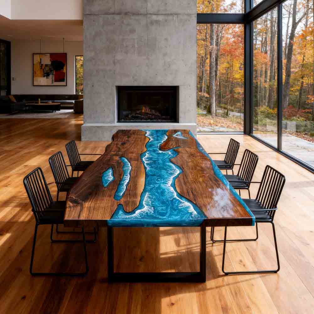 Elite Black Walnut Wood & Coastal Cliff Wave Epoxy Live - Edge Dining Table ECT - 137 - Elitecustomtable