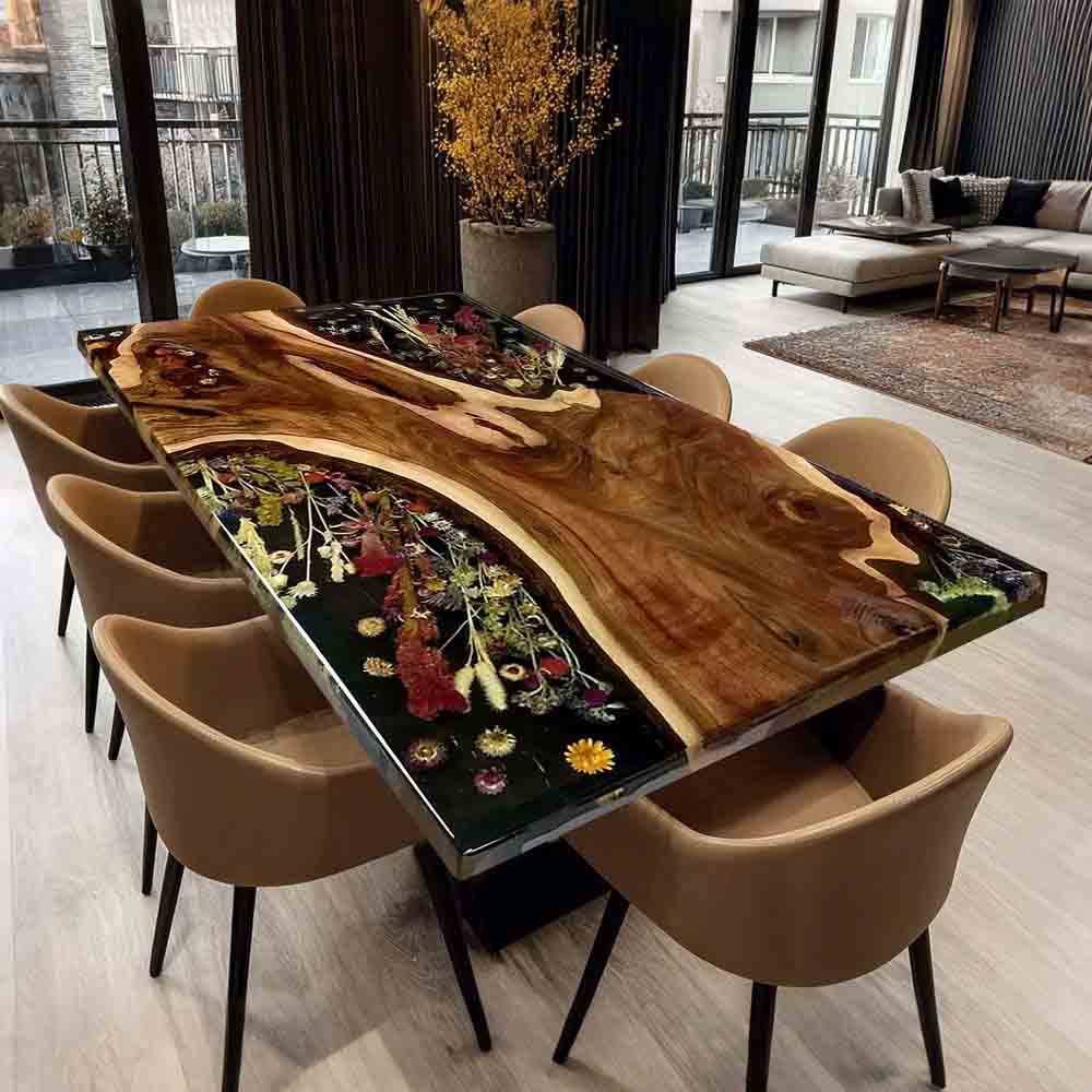 Elite Black Walnut Wood & Dried Flower/Hay Resin Rectangular Dining Table ECT - 192 - Elitecustomtable